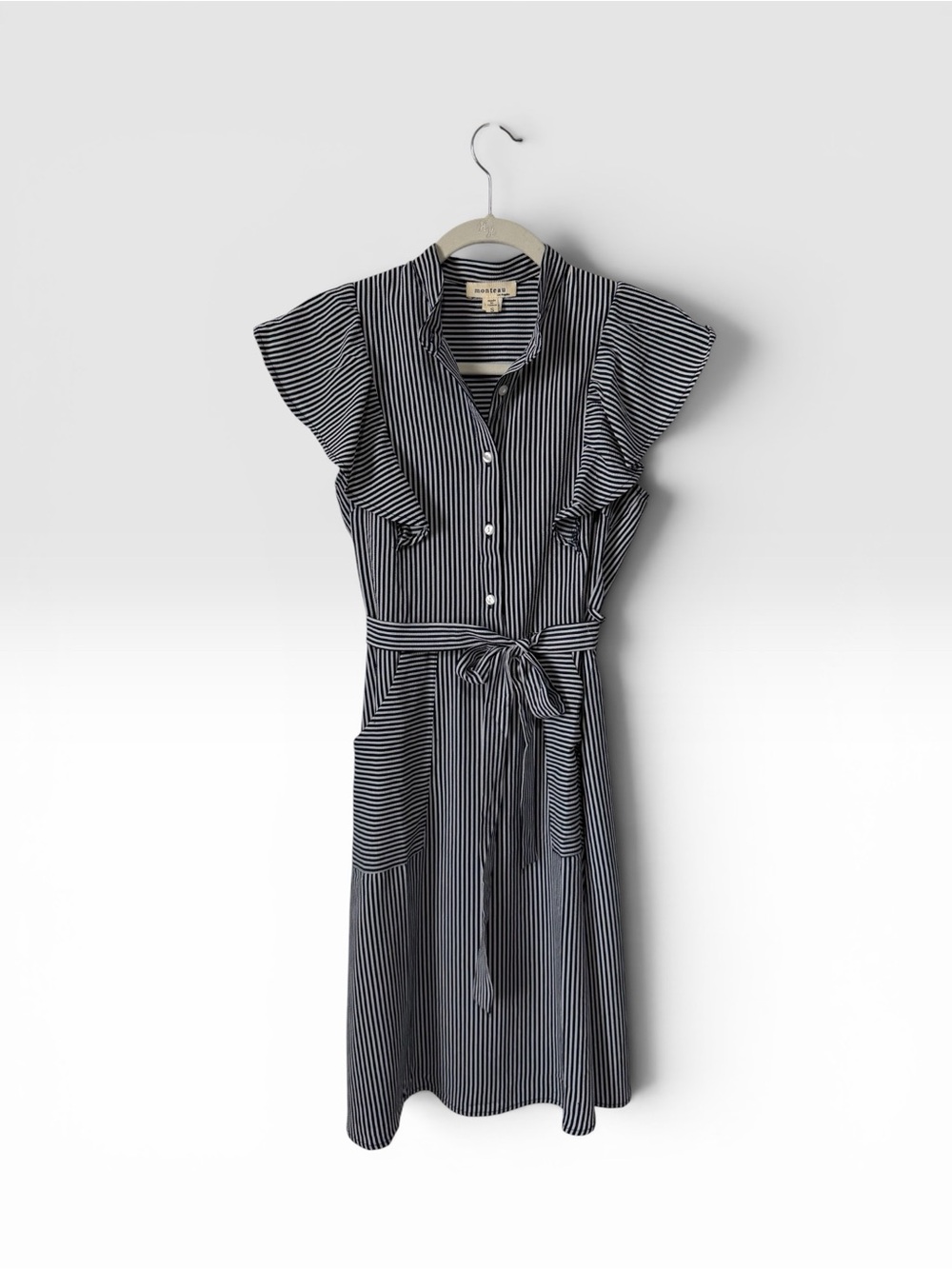 Monteau Navy and White Striped Midi Shirt Dress Flutter Sleeve with Tie Waist S